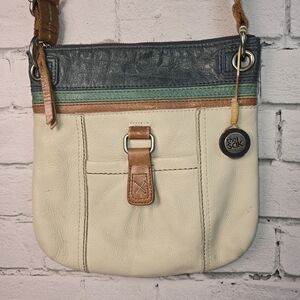 The Sak Cream and Brown Crossbody Bag With Teal/Navy Accents